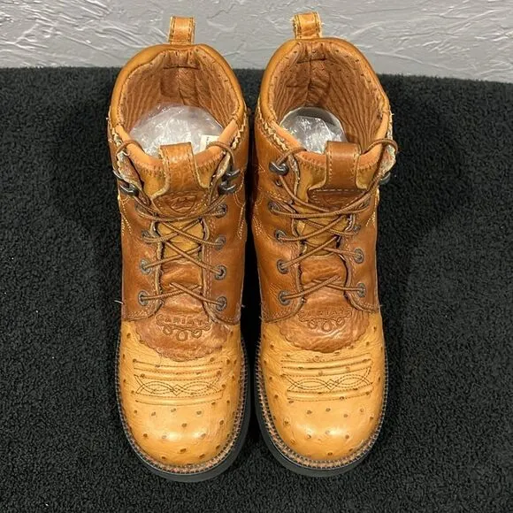 🔥 Ariat Boots Womens 7B Brown Full Quill Ostrich Probaby Lacer Work Boots Sz 7B