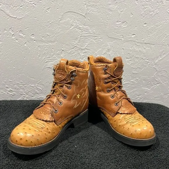 🔥 Ariat Boots Womens 7B Brown Full Quill Ostrich Probaby Lacer Work Boots Sz 7B