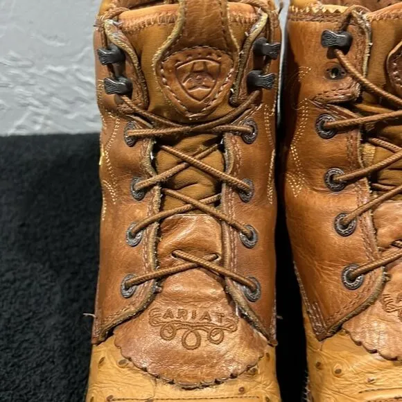🔥 Ariat Boots Womens 7B Brown Full Quill Ostrich Probaby Lacer Work Boots Sz 7B