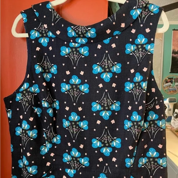 💠 Boden French Navy Star Bouquet Floral Roll Collar Dress| size US 16R NWT