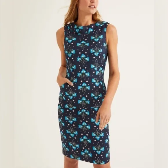 💠 Boden French Navy Star Bouquet Floral Roll Collar Dress| size US 16R NWT