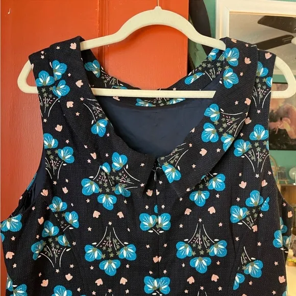 💠 Boden French Navy Star Bouquet Floral Roll Collar Dress| size US 16R NWT