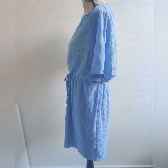 🆕 DKNY Sky Blue flare sleeve adjustable empire waist subtle stripe midi dress_4
