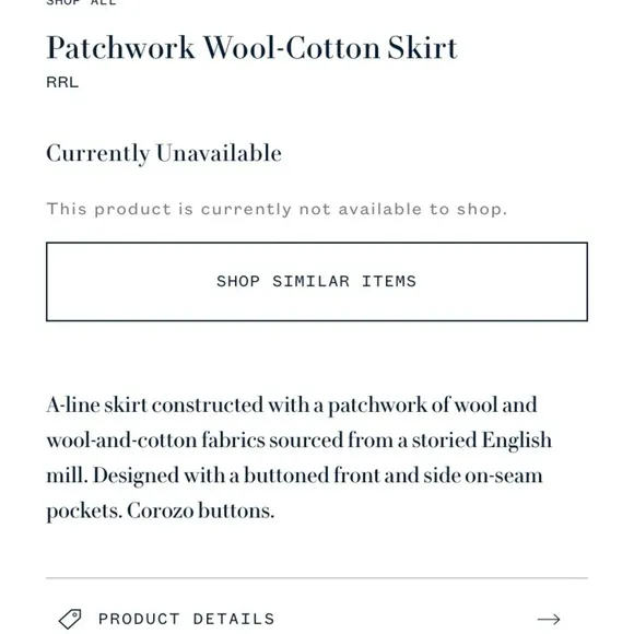 - Wool-cotton  Ralph Lauren RRL Double patchwork Skirt NO Sz TAG​​​​