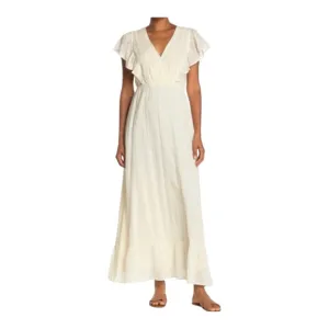 14) LOVE STITCH IVORY CREAM EMBROIDERED FLUTTER SLEEVE MAXI DRESS SIZE SMALL