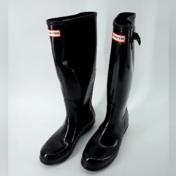$185 Hunter Wellies Tall Black Gloss Rain Boots Buckles 8