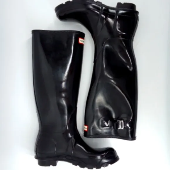 $185 Hunter Wellies Tall Black Gloss Rain Boots Buckles 8