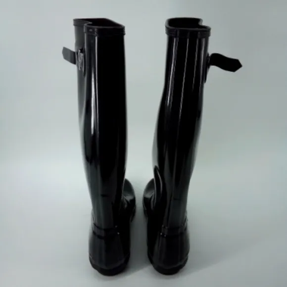 $185 Hunter Wellies Tall Black Gloss Rain Boots Buckles 8