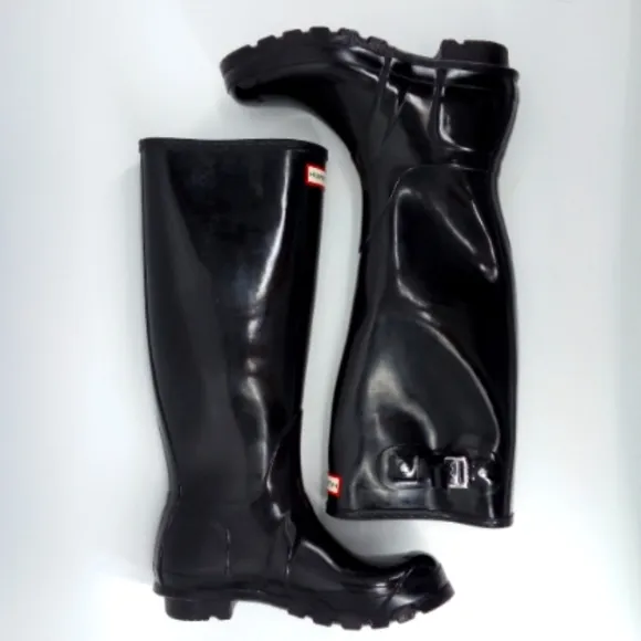 $185 Hunter Wellies Tall Black Gloss Rain Boots Buckles 8