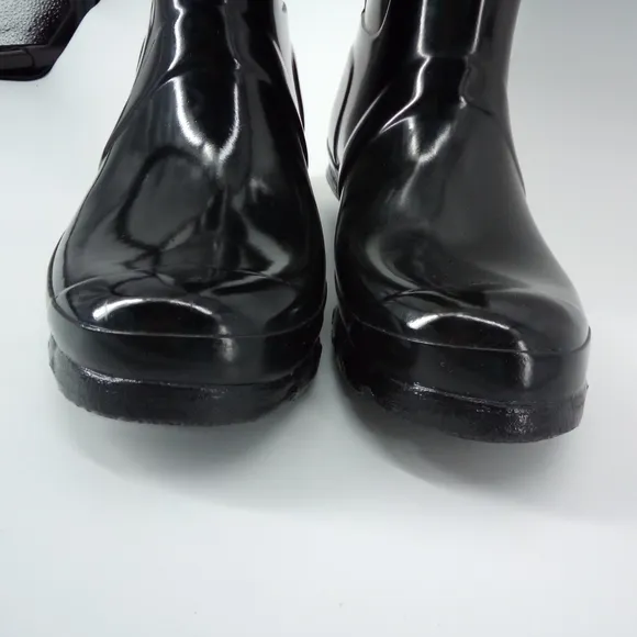 $185 Hunter Wellies Tall Black Gloss Rain Boots Buckles 8