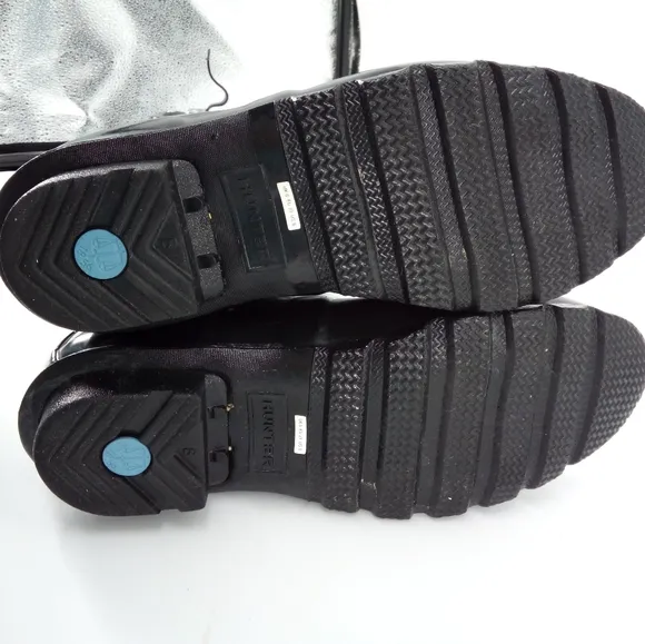 $185 Hunter Wellies Tall Black Gloss Rain Boots Buckles 8