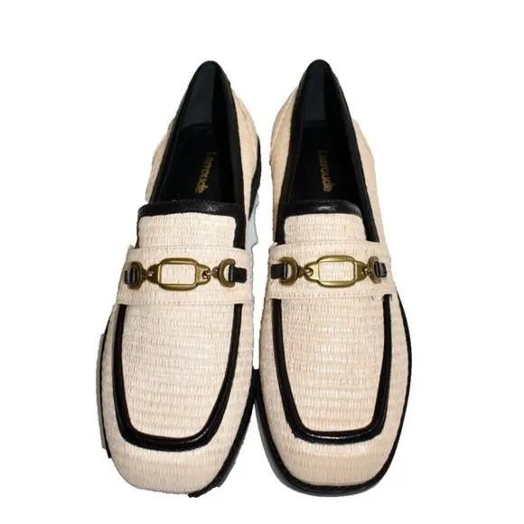 $380 LARROUDE PATRICIA LOAFER SHOES NATURAL &amp; BLACK BRASS HARDWARE 9 (DB3)