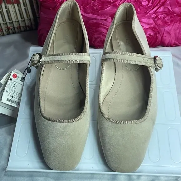 (A2) Zara Flat ballet Velvet Mary Jane Shoes Buckled strap, Taupe Neutral