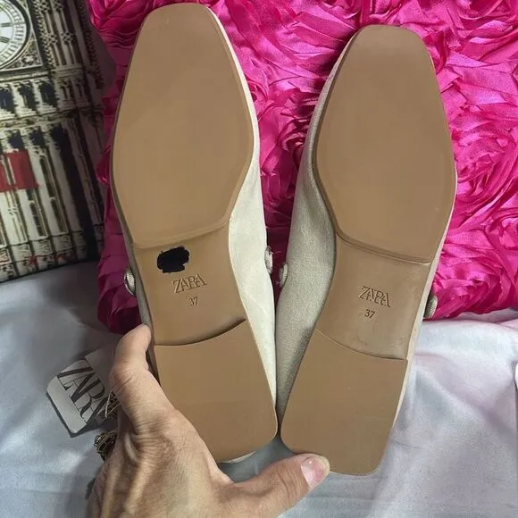 (A2) Zara Flat ballet Velvet Mary Jane Shoes Buckled strap, Taupe Neutral