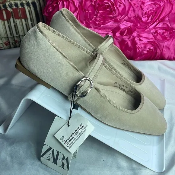 (A2) Zara Flat ballet Velvet Mary Jane Shoes Buckled strap, Taupe Neutral