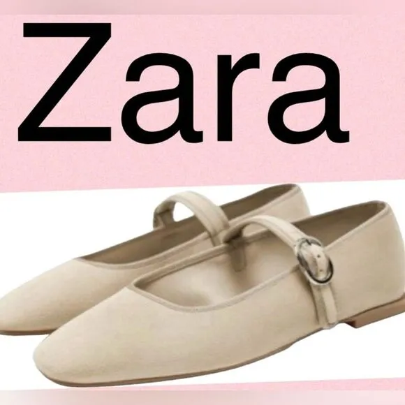 (A2) Zara Flat ballet Velvet Mary Jane Shoes Buckled strap, Taupe Neutral