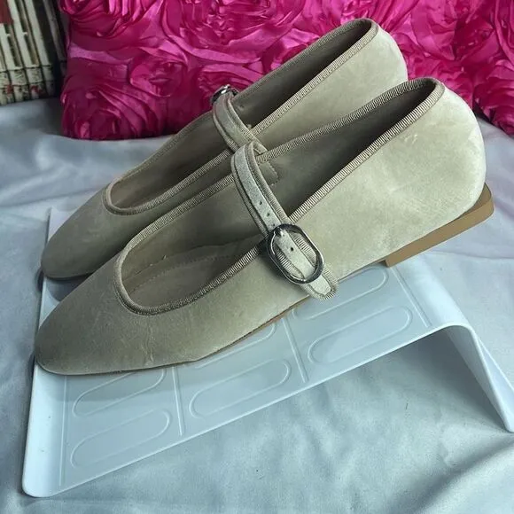 (A2) Zara Flat ballet Velvet Mary Jane Shoes Buckled strap, Taupe Neutral