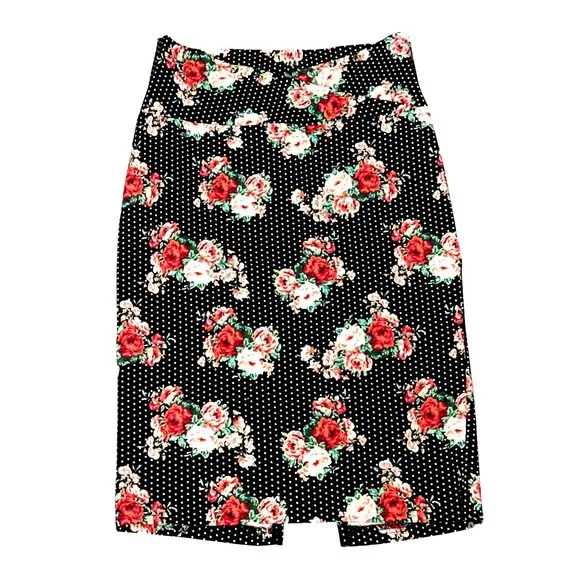 ABN Floral Pencil Skirt M Black White Dot High Waist Stretchy Retro Made USA