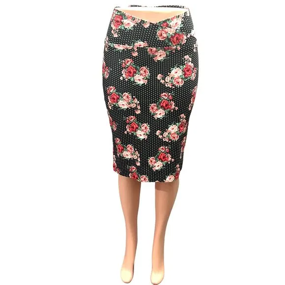ABN Floral Pencil Skirt M Black White Dot High Waist Stretchy Retro Made USA