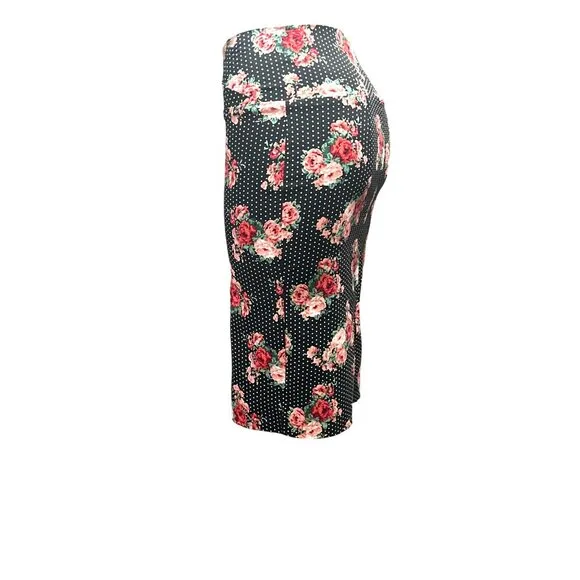 ABN Floral Pencil Skirt M Black White Dot High Waist Stretchy Retro Made USA