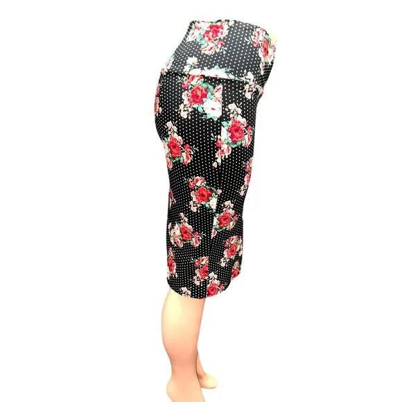 ABN Floral Pencil Skirt M Black White Dot High Waist Stretchy Retro Made USA