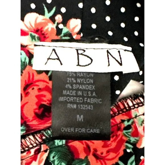 ABN Floral Pencil Skirt M Black White Dot High Waist Stretchy Retro Made USA