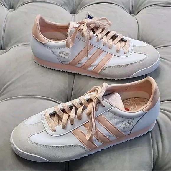 ADIDAS Dragon WHITE &amp; PINK Leather Sneakers Womens Flat Shoes 9.5 New Rare! 2006