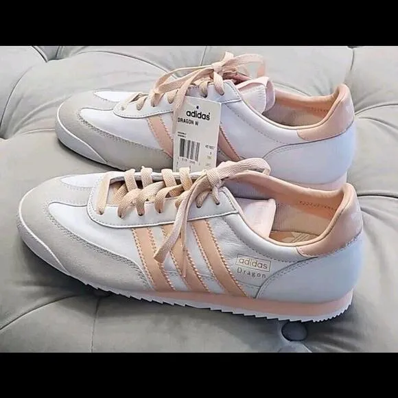 ADIDAS Dragon WHITE &amp; PINK Leather Sneakers Womens Flat Shoes 9.5 New Rare! 2006