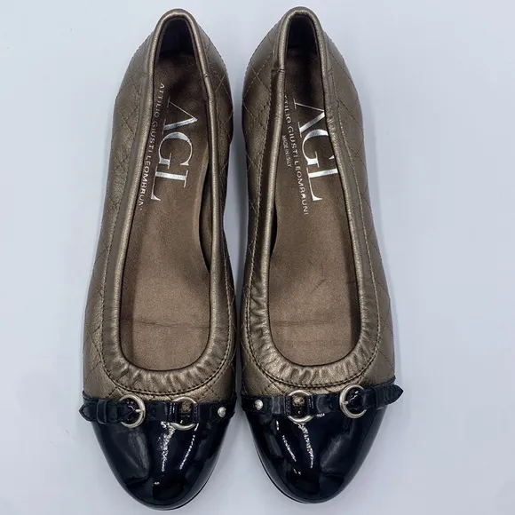 AGL NEW pewter black patent leather slip on ballerina shoes N558230 size 40