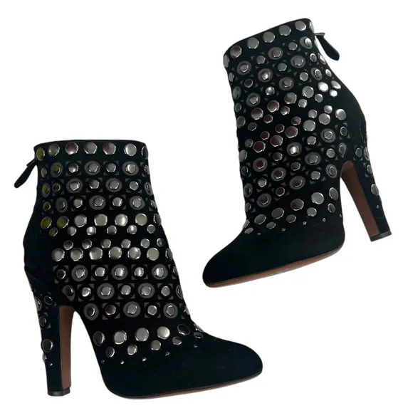 ALAÏA Black Suede Studded Cutout Ankle Boots Size 39
