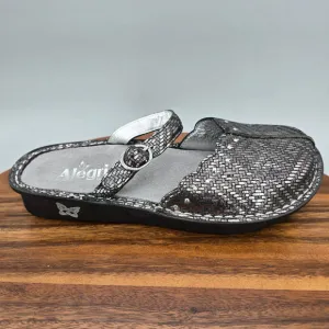 Alegria Shoes Women's 8 Wide Metallic Silver Black Leather Mary Jane Clog Mules