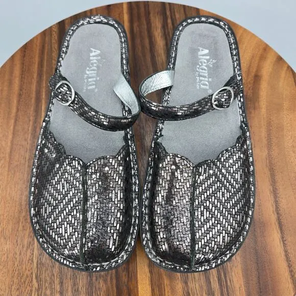 Alegria Shoes Women's 8 Wide Metallic Silver Black Leather Mary Jane Clog Mules