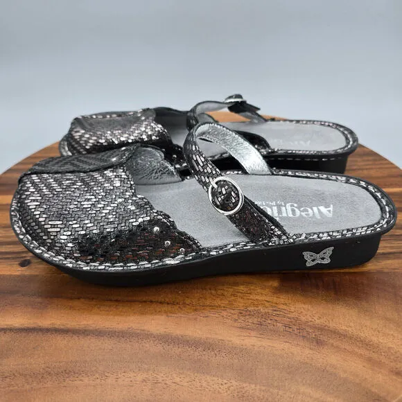 Alegria Shoes Women's 8 Wide Metallic Silver Black Leather Mary Jane Clog Mules