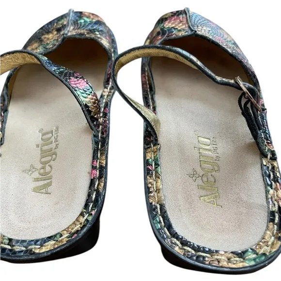 Alegria Tuscany Gold Floral Leather Mules Slip On Shoes 37 W.