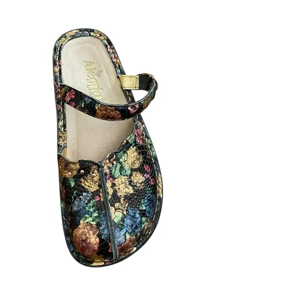 Alegria Tuscany Gold Floral Leather Mules Slip On Shoes 37 W.