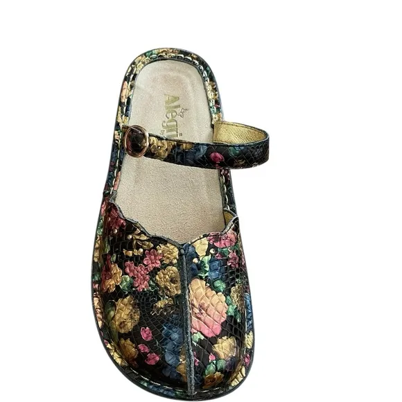 Alegria Tuscany Gold Floral Leather Mules Slip On Shoes 37 W.