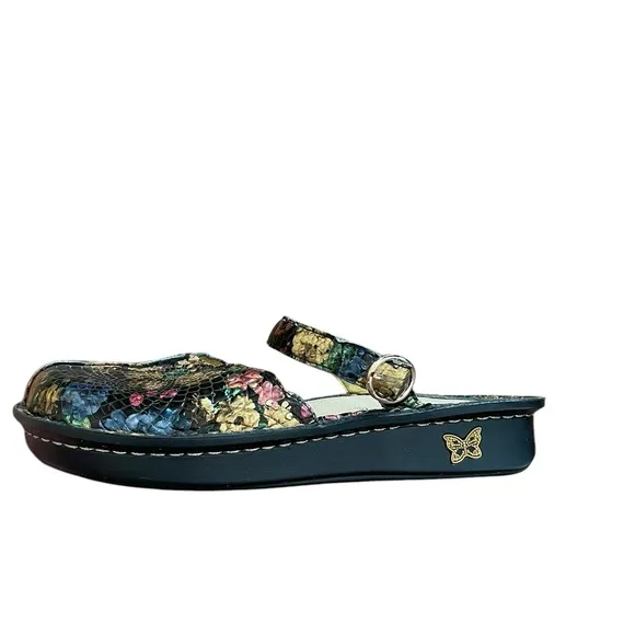 Alegria Tuscany Gold Floral Leather Mules Slip On Shoes 37 W.