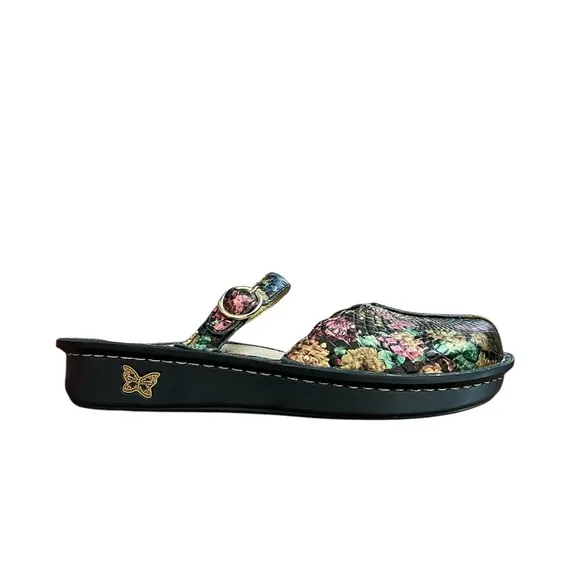 Alegria Tuscany Gold Floral Leather Mules Slip On Shoes 37 W.