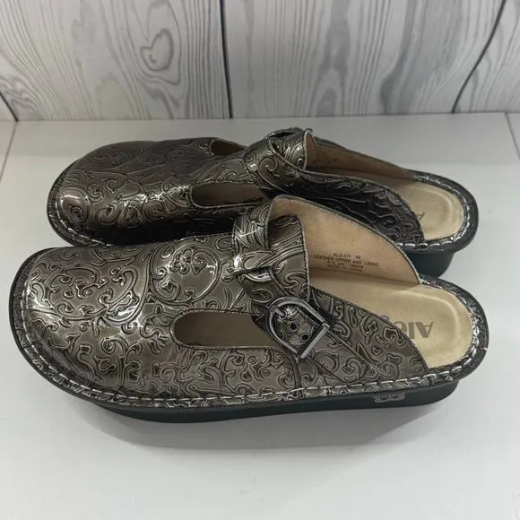 Alegria Womens Mule Clogs Shoes Pewter Embossed Slip On Sandal EU 40 US 9.5/10