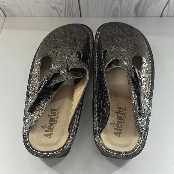 Alegria Womens Mule Clogs Shoes Pewter Embossed Slip On Sandal EU 40 US 9.5/10
