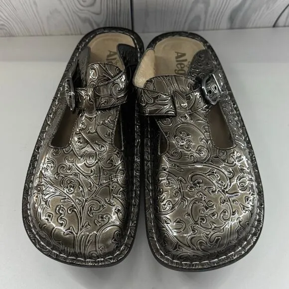 Alegria Womens Mule Clogs Shoes Pewter Embossed Slip On Sandal EU 40 US 9.5/10