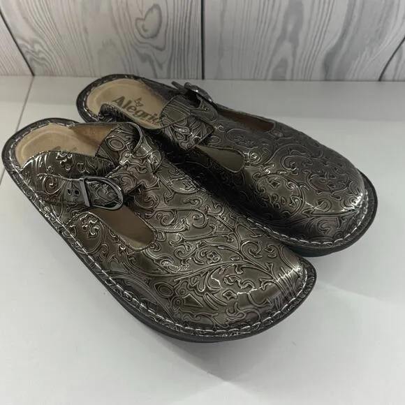 Alegria Womens Mule Clogs Shoes Pewter Embossed Slip On Sandal EU 40 US 9.5/10
