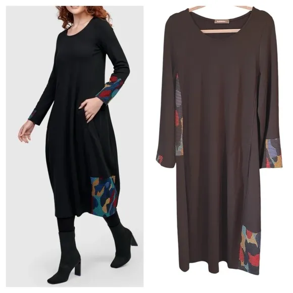 Alembika Riley Crew Cocoon Dress, Ocean Long Sleeve Boho Dresss w Pockets Sz 4