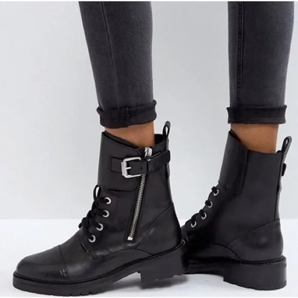 All Saints Boots 9 Black Leather Daria Cap Toe Lace Up Combat Witchy Goth Grunge