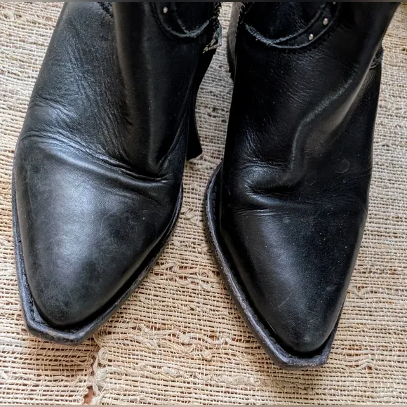 All Saints • Leather Ankle Boots Flat Toe Studded Booties in Black