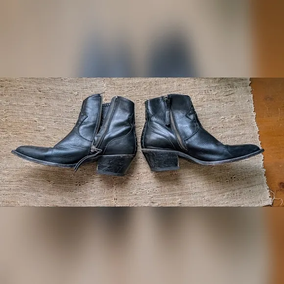 All Saints • Leather Ankle Boots Flat Toe Studded Booties in Black