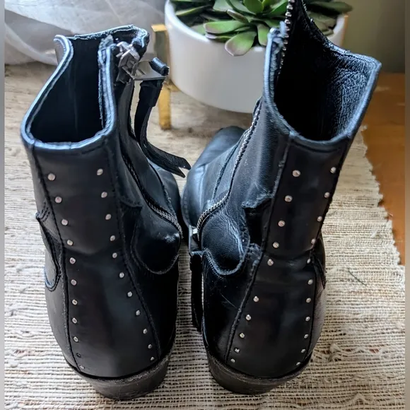 All Saints • Leather Ankle Boots Flat Toe Studded Booties in Black