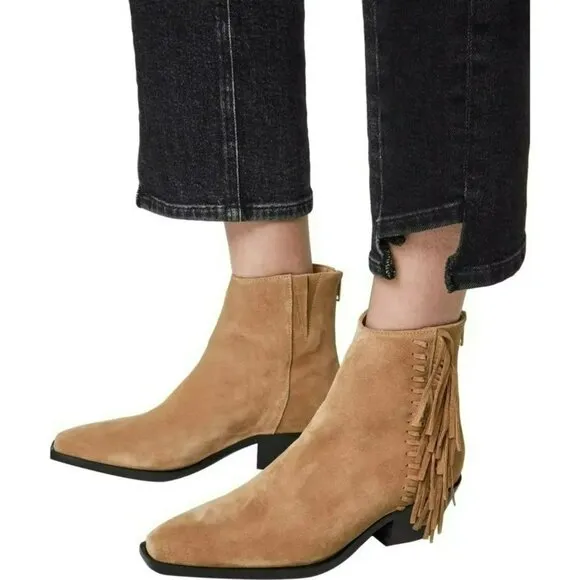 All Saints Shoes Womens 8 Layla Cognac Sand Suede Fringe Zip Ankle Booties NIB