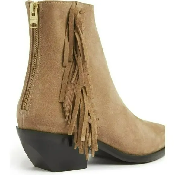 All Saints Shoes Womens 8 Layla Cognac Sand Suede Fringe Zip Ankle Booties NIB