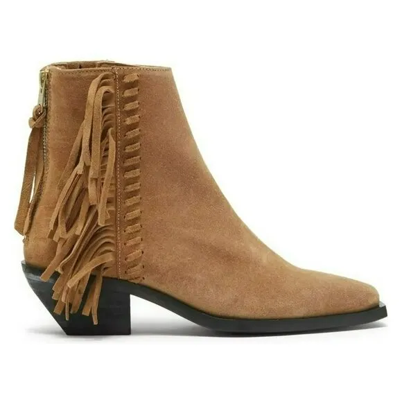 All Saints Shoes Womens 8 Layla Cognac Sand Suede Fringe Zip Ankle Booties NIB